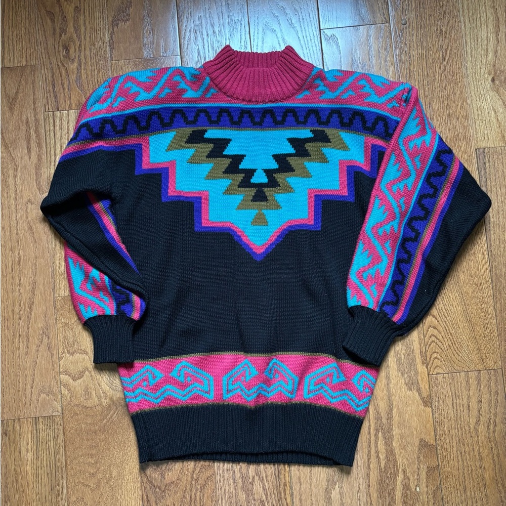 Vintage 1990’s Black and Blue Turtleneck Sweater with Geometric Design